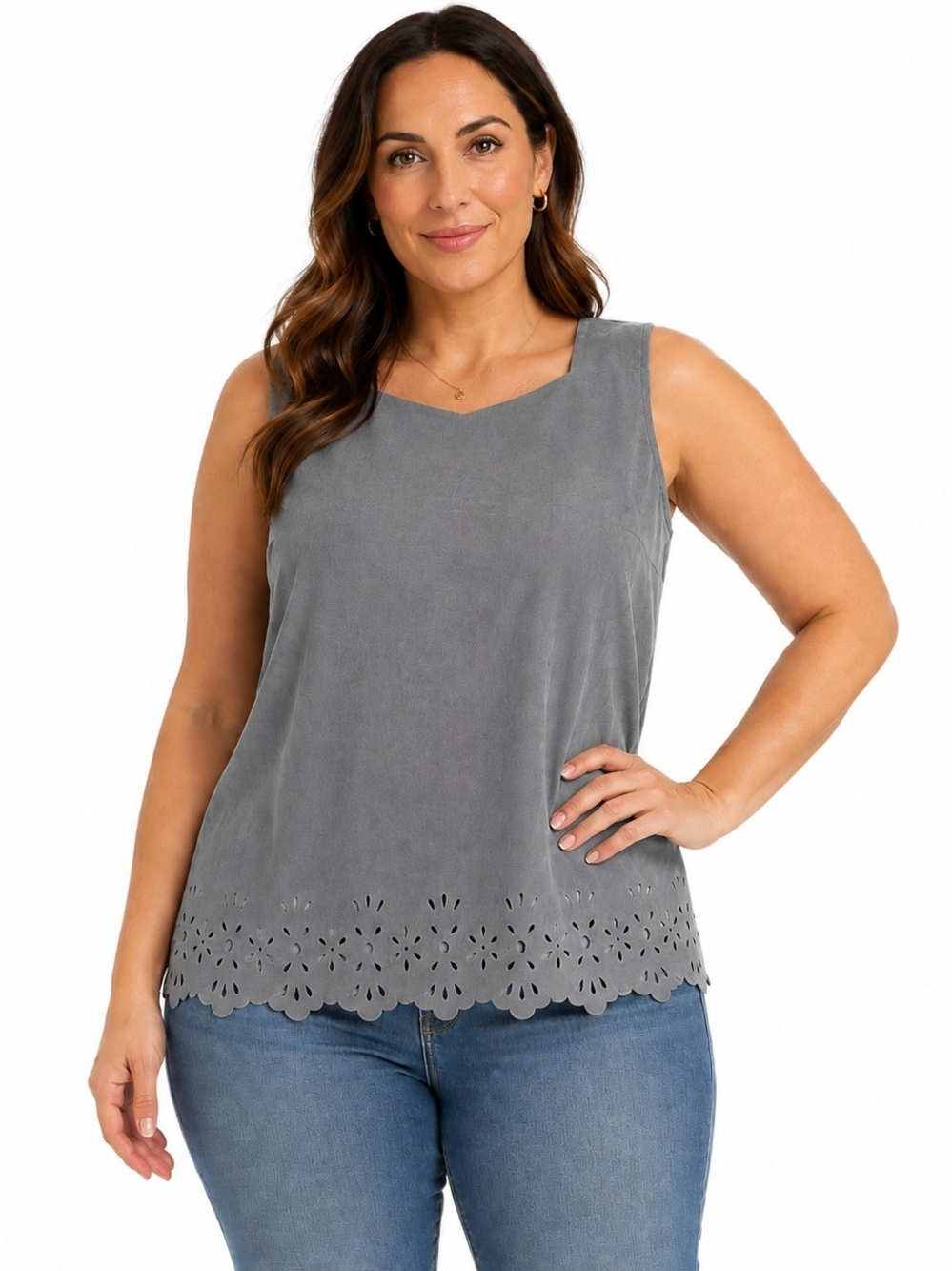 Sleeveless Laser-Cut Hem Tank Top - Gray